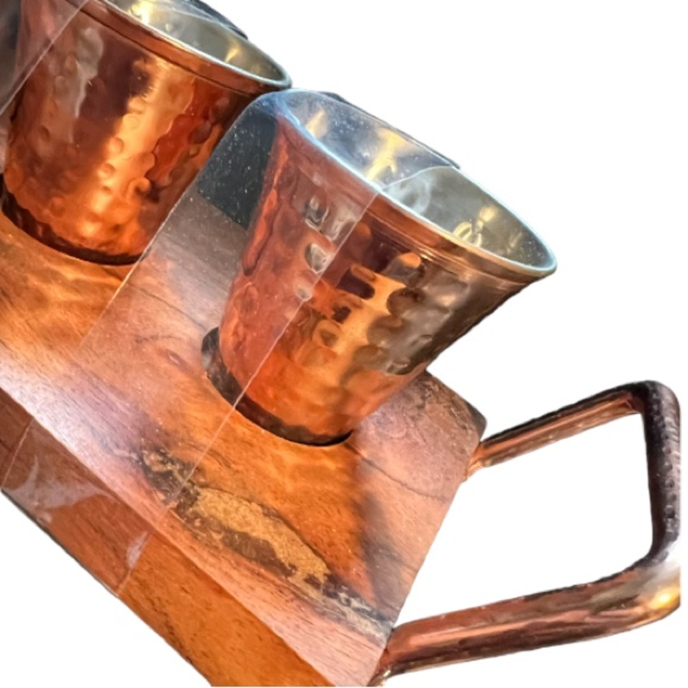 *NEW Shot Glass Set with Wood Tray Hammered “Copper” Outside, “Silver” Inside